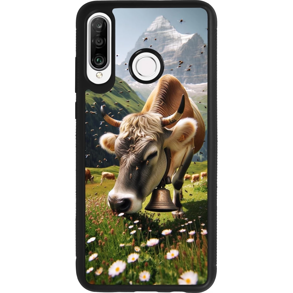 Coque Huawei P30 Lite - Silicone rigide noir Vache montagne Valais