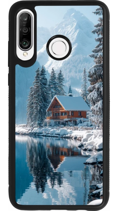 Coque Huawei P30 Lite - Silicone rigide noir Winter 25 Winter house forest day
