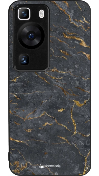 Coque Huawei P60 - Silicone rigide noir Grey Gold Marble