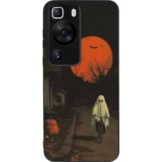Coque Huawei P60 - Silicone rigide noir Halloween 2025 Ghost on a bicycle