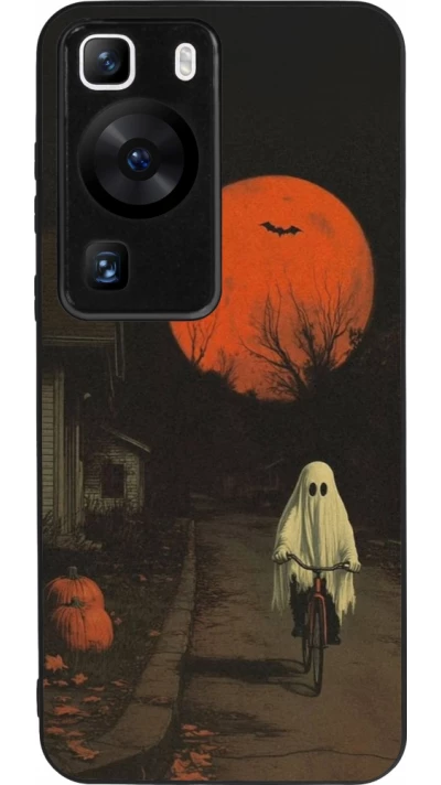 Coque Huawei P60 - Silicone rigide noir Halloween 2025 Ghost on a bicycle