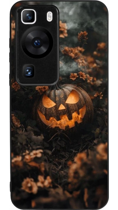 Coque Huawei P60 - Silicone rigide noir Halloween 2025 Pumpkin with flowers