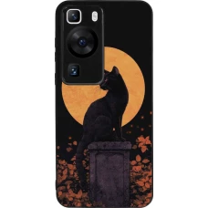 Coque Huawei P60 - Silicone rigide noir Halloween 2026 Cat Art Nouveau
