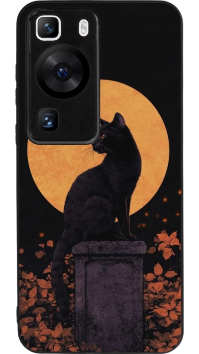 Coque Huawei P60 - Silicone rigide noir Halloween 2026 Cat Art Nouveau