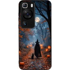 Coque Huawei P60 - Silicone rigide noir Halloween 2026 Witch with a cat