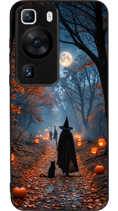 Coque Huawei P60 - Silicone rigide noir Halloween 2026 Witch with a cat