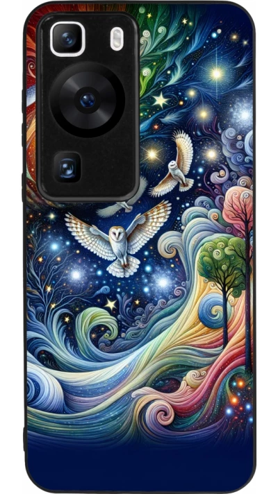 Coque Huawei P60 - Silicone rigide noir hibou volant floral