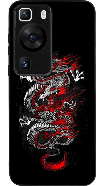 Coque Huawei P60 - Silicone rigide noir Japanese style Dragon Tattoo Red Black