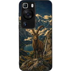 Huawei P60 Case Hülle - Silikon schwarz Linocut Steinbock