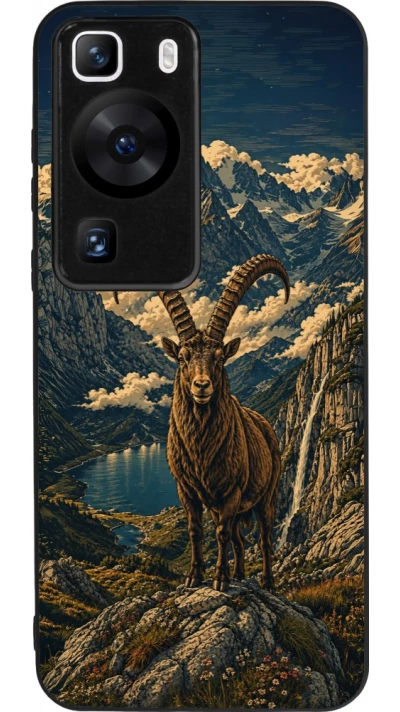 Huawei P60 Case Hülle - Silikon schwarz Linocut Steinbock