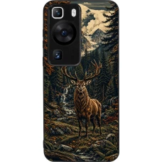 Huawei P60 Case Hülle - Silikon schwarz Linocut Reh