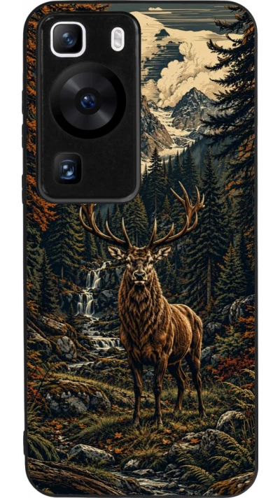 Huawei P60 Case Hülle - Silikon schwarz Linocut Reh