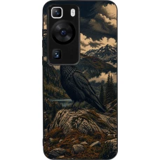 Huawei P60 Case Hülle - Silikon schwarz Linocut Grosser Rabe