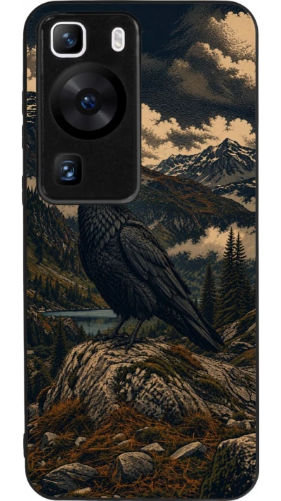 Huawei P60 Case Hülle - Silikon schwarz Linocut Grosser Rabe
