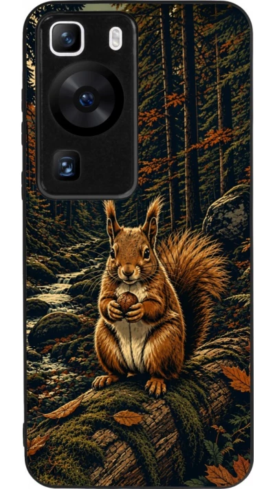 Huawei P60 Case Hülle - Silikon schwarz Linocut Eichhörnchen