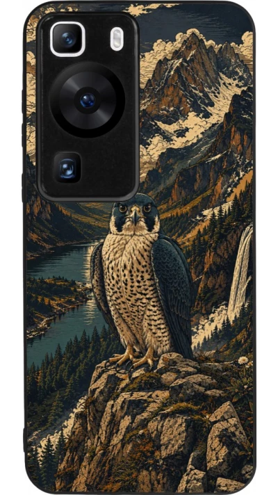 Huawei P60 Case Hülle - Silikon schwarz Linocut Wanderfalke