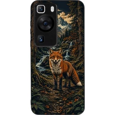 Huawei P60 Case Hülle - Silikon schwarz Linocut Fuchs