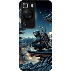 Coque Huawei P60 - Silicone rigide noir Ninja sous la lune