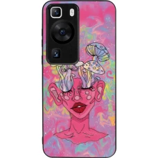 Coque Huawei P60 - Silicone rigide noir Psychedelic pink mushroom