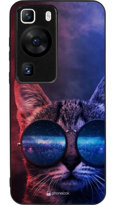 Huawei P60 Case Hülle - Silikon schwarz Red Blue Cat Glasses