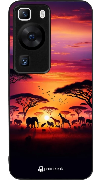 Huawei P60 Case Hülle - Silikon schwarz Safari Sonnenuntergang Wildtiere
