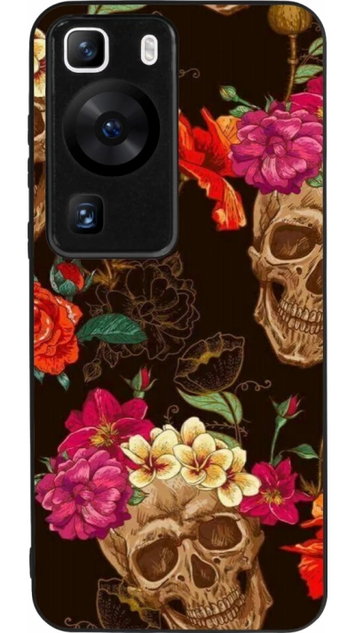 Huawei P60 Case Hülle - Silikon schwarz Skulls and flowers