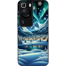 Huawei P60 Case Hülle - Silikon schwarz Verschneites Bergdorf am See in der Nacht