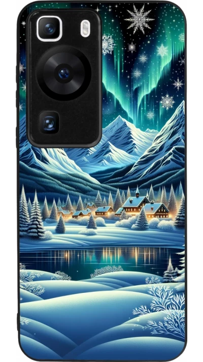 Huawei P60 Case Hülle - Silikon schwarz Verschneites Bergdorf am See in der Nacht
