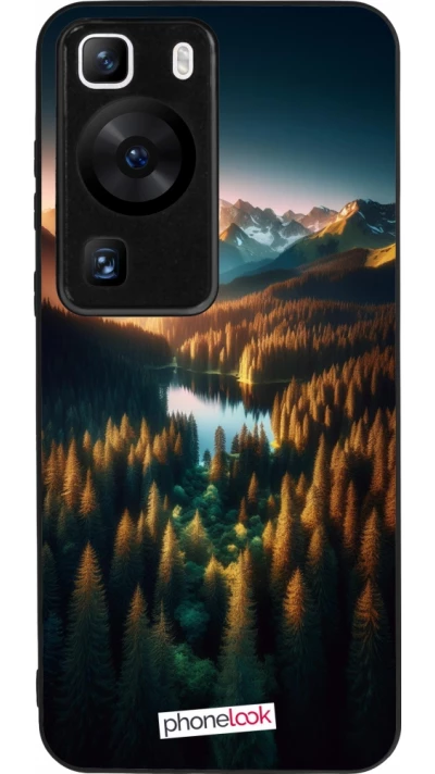 Huawei P60 Case Hülle - Silikon schwarz Sonnenuntergang Waldsee