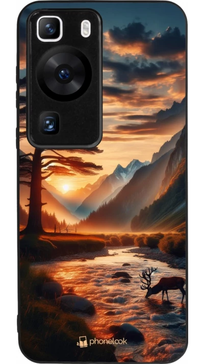 Huawei P60 Case Hülle - Silikon schwarz Tal Sonnenuntergang Hirsch Baum