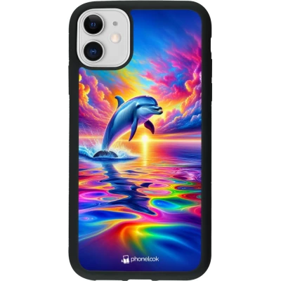 Coque iPhone 11 - Silicone rigide noir Dauphin arc-en-ciel heureux