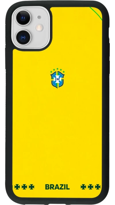 Coque iPhone 11 - Silicone rigide noir Maillot de football Bresil 2026 personnalisable