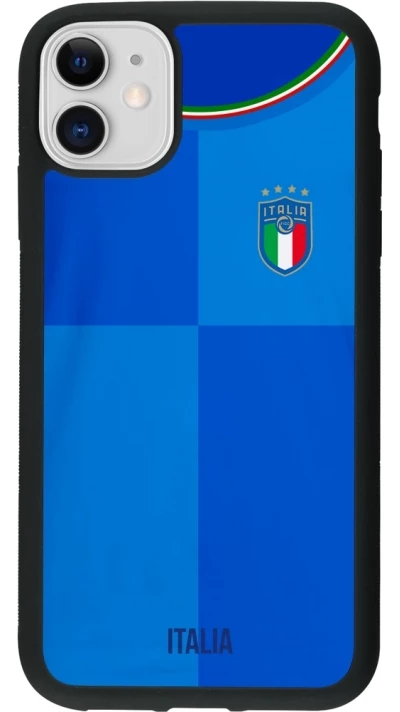 Coque iPhone 11 - Silicone rigide noir Maillot de football Italie 2022 personnalisable