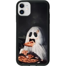 Coque iPhone 11 - Silicone rigide noir Halloween 2026 Ghost eating pizza