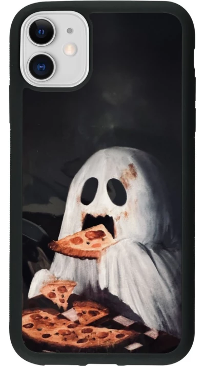 Coque iPhone 11 - Silicone rigide noir Halloween 2026 Ghost eating pizza