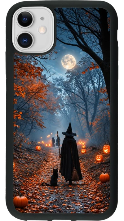 Coque iPhone 11 - Silicone rigide noir Halloween 2026 Witch with a cat