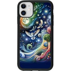 Coque iPhone 11 - Silicone rigide noir hibou volant floral