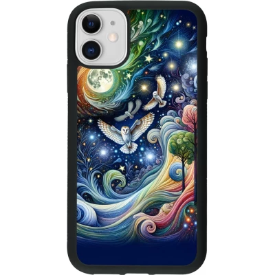 Coque iPhone 11 - Silicone rigide noir hibou volant floral