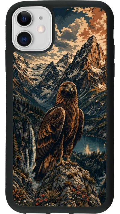 Coque iPhone 11 - Silicone rigide noir Linocut Aigle Royal