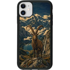 Coque iPhone 11 - Silicone rigide noir Linocut Bouquetin
