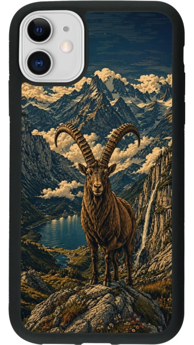 Coque iPhone 11 - Silicone rigide noir Linocut Bouquetin