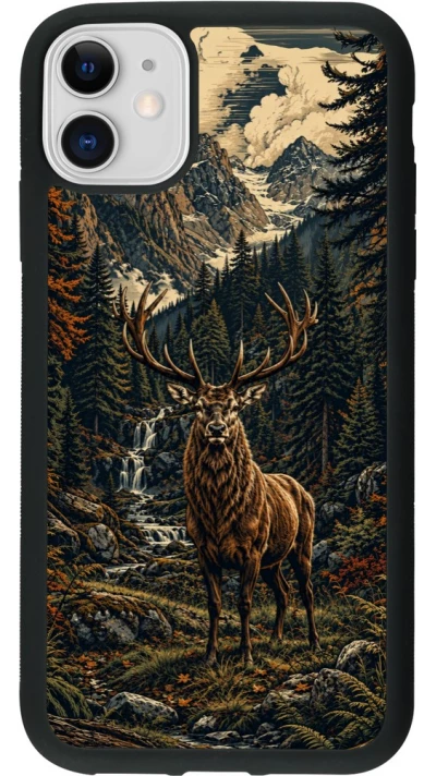 Coque iPhone 11 - Silicone rigide noir Linocut Cerf