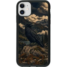 Coque iPhone 11 - Silicone rigide noir Linocut Grand Corbeau