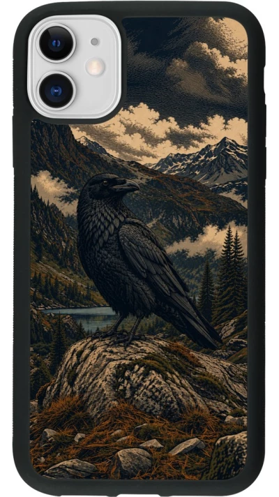 Coque iPhone 11 - Silicone rigide noir Linocut Grand Corbeau