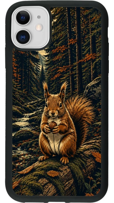 Coque iPhone 11 - Silicone rigide noir Linocut Ecureuil
