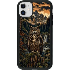 Coque iPhone 11 - Silicone rigide noir Linocut Grand-Duc