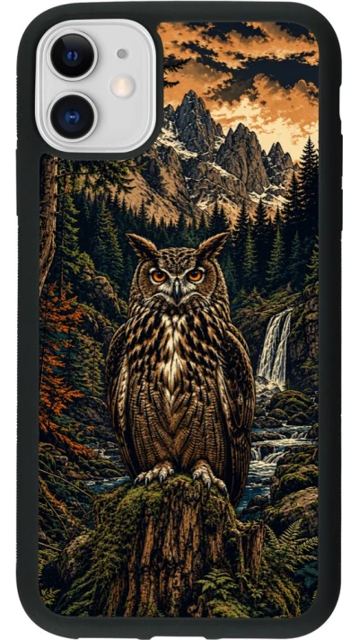 Coque iPhone 11 - Silicone rigide noir Linocut Grand-Duc