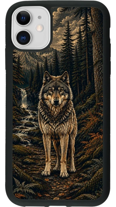 Coque iPhone 11 - Silicone rigide noir Linocut Loup