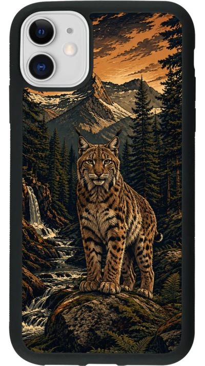 Coque iPhone 11 - Silicone rigide noir Linocut Lynx