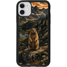 Coque iPhone 11 - Silicone rigide noir Linocut Marmotte
